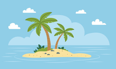 Little Tropical Island with Two Palm Trees. Hand Drawn Vector Art.