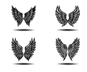 Black Feather Angel Wings Vector Set – Grunge Style Distressed Wing Icons for Fantasy Art, Gothic Tattoo Designs, or Spirit-Themed Logos. High-Resolution Vector for Adobe Stock Submission.

