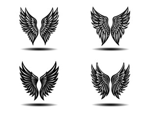 Elegant Angel Wings Vector Set – Bold Black Feather Wings with Grunge Texture. Distressed Angel Wing Icons Ideal for Tattoo Art, Gothic Poster Design, and Spiritual Symbolism Vector Graphics.

