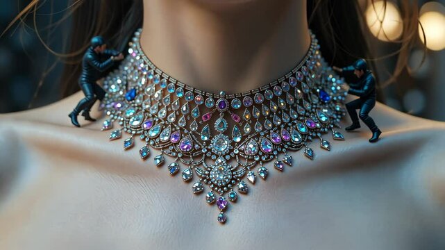 Elegant woman wearing luxurious multi-gemstone necklace against dark background. Concept of high-end fashion and jewelry