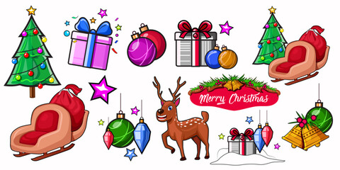 christmas decorative holiday objects colorful icon set design isolated on white background.christmas greeting card,banner poster,invitation card design clip arts vector illustration template.