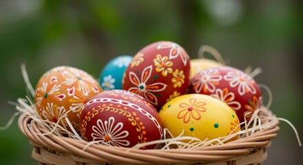 Fototapeta premium Hand Painted Easter Eggs in Rustic Basket Springtime