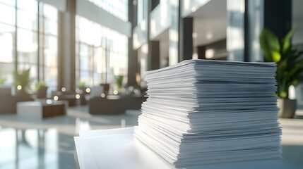 A large stack of white paper sits on a table in a bright, modern office building with large and natural light illuminating the space.