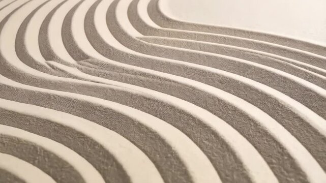 Abstract pattern of parallel wave lines raked into light colored fine sand, calm and meditative scene
