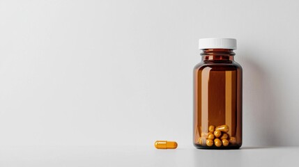 Brown glass medicine bottle with a white cap. the bottle is placed on a white surface and there are several orange pills spilling out of the bottle.