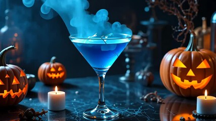 Blue cocktail in elegant martini glass with smoke effect on bar table surrounded by pumpkins and candles. Halloween celebration concept