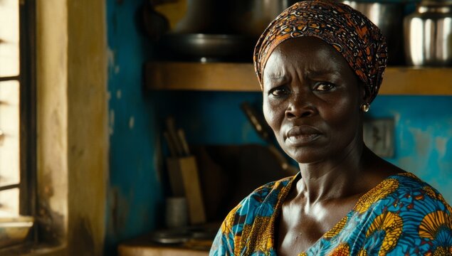 A proud African American woman, dressed in a bright and colorful Garifuna dress, is captured in a portrait standing in her kitchen, gazing at the camera