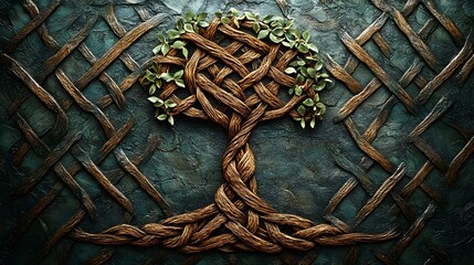 An intricately woven tree of life with leaves emerges from a textured background featu a complex pattern of intertwining elements.