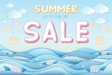 Summer sale banner featuring Summer sale and 75% off inscription, sea, clouds. Banner made in paper craft style, 3D, layered. Vector EPS illustration, eazy to edit