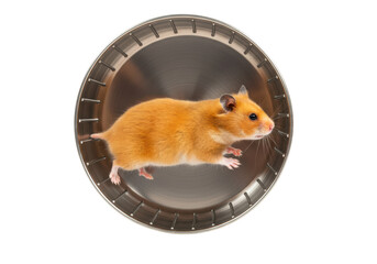 Isolated Golden Hamster Walking in a Silver Metal Dish