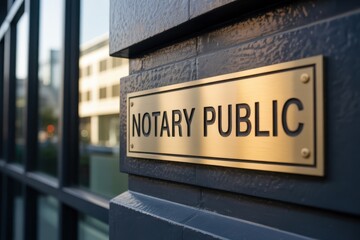 Fototapeta premium Gold-colored notary public sign on a dark gray building.