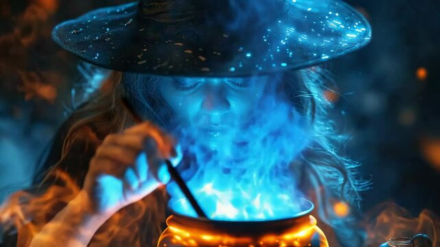 Mysterious witch stirring blue fire in cauldron. Halloween magic potion brewing scene with spooky atmosphere and mystical ambiance. This Halloween image is perfect for invitations or announcements.