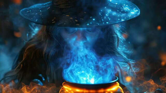 Halloween witch brewing blue potion in cauldron. Mysterious woman in wide-brimmed hat in dark forest. Halloween concept for spooky invitations and announcements.