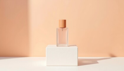 Matte rectangular perfume bottle on a white cubic pedestal. No people.