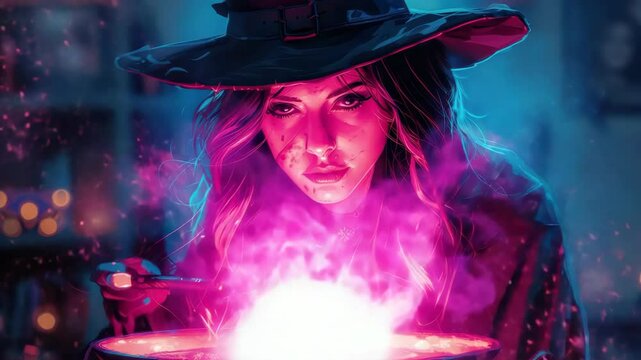 Halloween witch stirring magic potion in cauldron.  Mysterious woman in wide-brimmed hat brewing pink glowing liquid. Spooky Halloween concept for party invitations, decorations, or digital art.