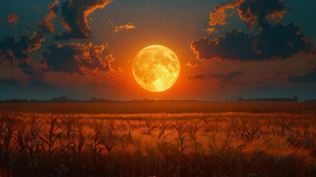 Harvest moon over golden field.  Large orange moon rises above dry stalks of corn. Autumn harvest moon scene perfect for seasonal postcards, calendars, and fall-themed designs.