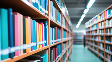 A library with colorful books on shelves, illuminated by overhead lights, with a blurred background.