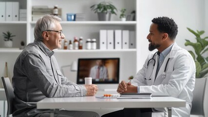 Doctor consultation with senior patient discussing health issues. Doctor provides medical advice and prescriptions to elderly man during appointment.