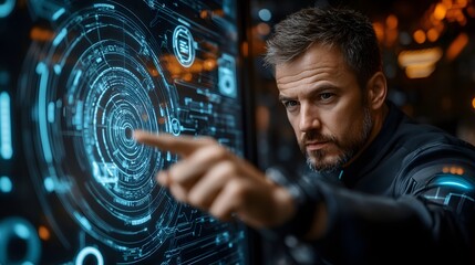 Handsome engineer interacting with advanced futuristic interface screen displaying complex data in a high tech control room environment.