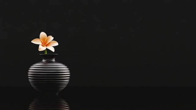 Elegant black vase with a single orange flower against a dark background, creating a serene ambiance