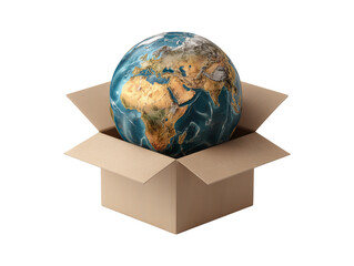 Earth globe in cardboard box for global shipping and environmental concept isolated on transparent or white background, png