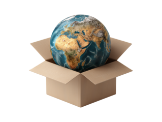 Earth globe in cardboard box for global shipping and environmental concept isolated on transparent or white background, png