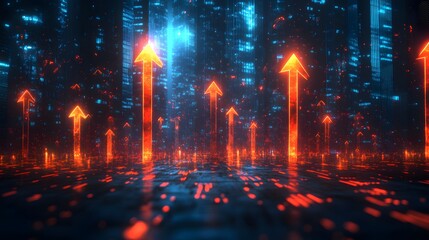 Digital orange arrows rise toward glowing blue futuristic city skyline symbolizing growth and positive trends in technology and innovation field.