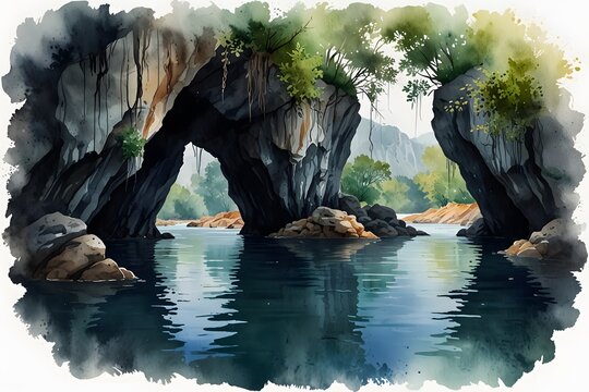 River cave in watercolor style
