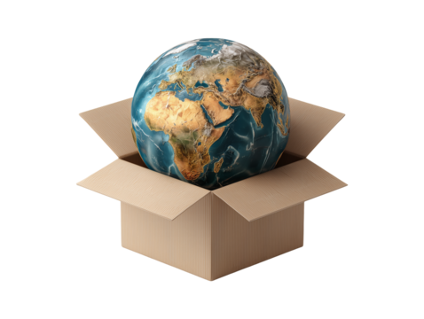 Earth globe in cardboard box for global shipping and environmental concept isolated on transparent or white background, png - Powered by Adobe