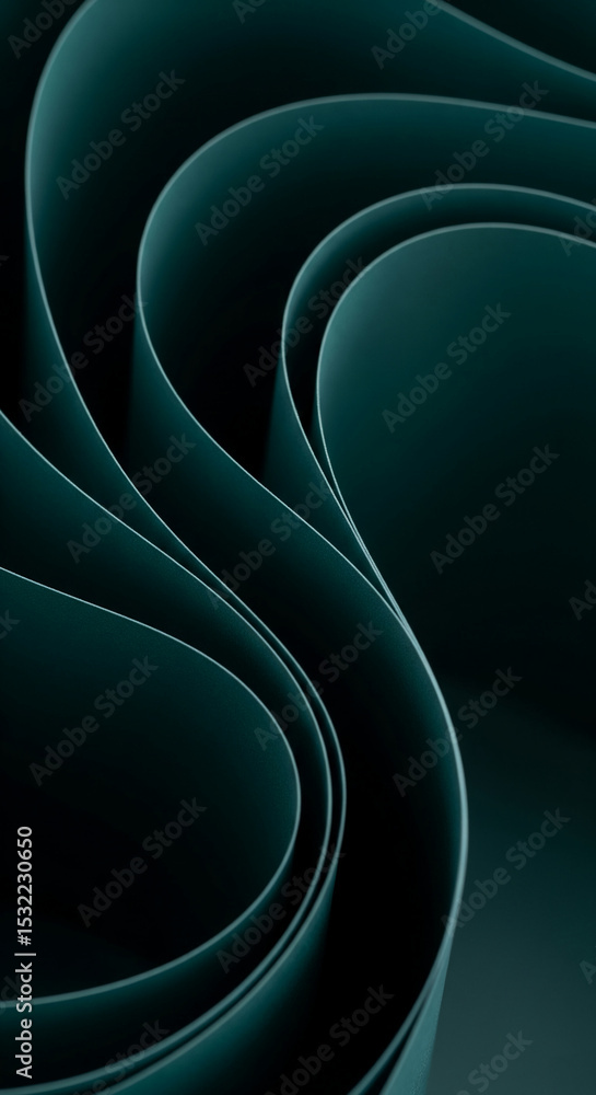 Poster Dark teal curved layers create abstract texture, showcasing depth and fluidity, symbolizing elegance, sophistication, and modern design, ideal for backgrounds