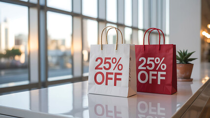 Shopping bags with 25 percent off discount on display in a modern retail store setting