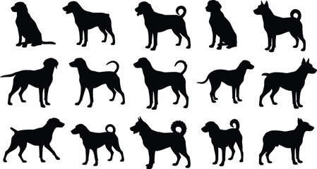 Dog silhouette vector collection, black dog poses, standing and sitting dog shapes, pet clipart