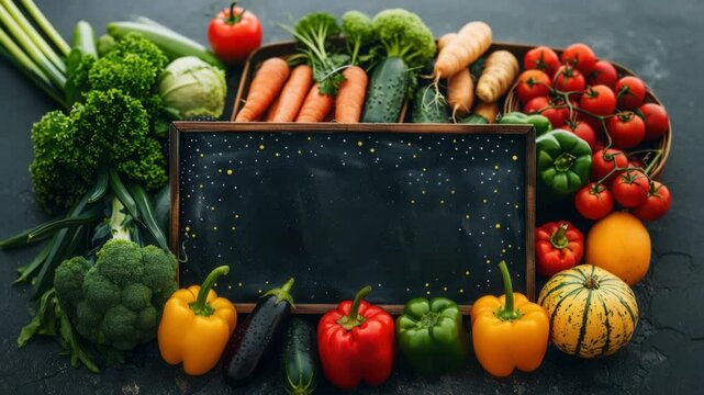 Fresh vegetables and chalkboard for farmers market announcement. Colorful vegetables arrangement with carrots, cucumbers, broccoli, peppers, and tomatoes around blank blackboard.