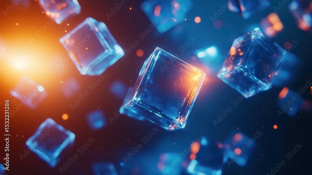 Poster a dark background with numerous translucent blue and white cubes that appear to be floating and illu