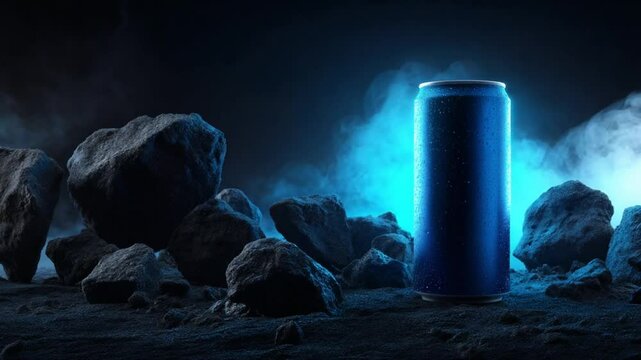 A striking blue can stands alone amid dark rocks and swirling mist, illuminated by an otherworldly glow. The scene evokes a sense of mystery and intrigue in an imaginative setting