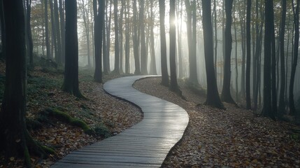 Wooden Path Through Forest in Fog