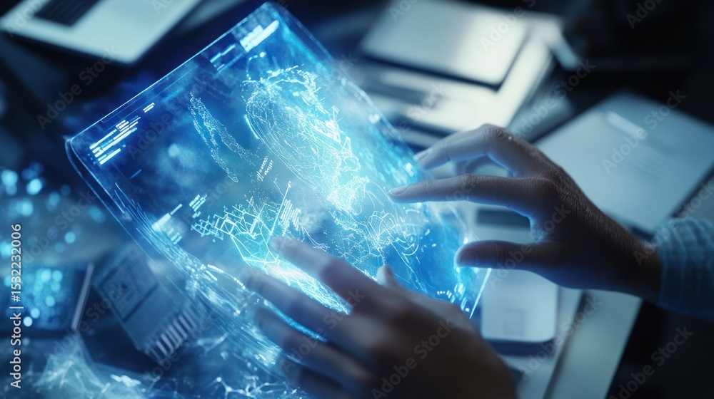 Poster a person's hands interact with a holographic screen displaying glowing lines and data