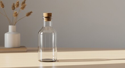 Empty Glass Bottle with Cork Stopper on Wooden Surface