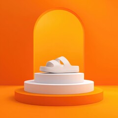 White sandals on a white podium in an orange archway