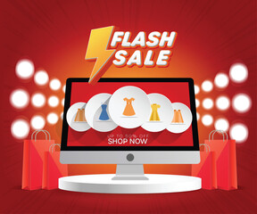 Flash sale online promotion banner with computer screen showing 50% discount and shop now button for e-commerce advertising.