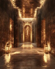 Shadowy sacred space inspired by Egyptian myth, with sandstone textures, golden artifacts, and deep hieroglyphic walls Ancient Mythology Inspired Interiors Fantasy Lore and Arcane Magic Environments