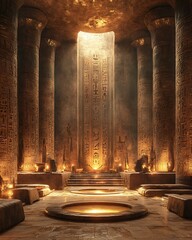 Shadowy sacred space inspired by Egyptian myth, with sandstone textures, golden artifacts, and deep hieroglyphic walls Ancient Mythology Inspired Interiors Fantasy Lore and Arcane Magic Environments