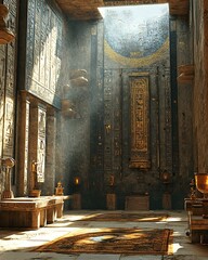Shadowy sacred space inspired by Egyptian myth, with sandstone textures, golden artifacts, and deep hieroglyphic walls Ancient Mythology Inspired Interiors Fantasy Lore and Arcane Magic Environments