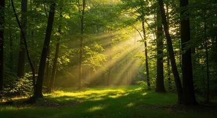 Obraz premium Sunbeams Illuminating a Lush Green Forest at Dawn