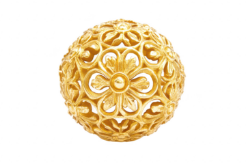 Ornate golden sphere with intricate floral pattern isolated on transparent background