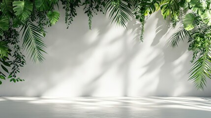 Minimalist white wall with palm leaf shadows background, abstract light texture design for product display, e-commerce visuals, digital media or web banners in natural flat style