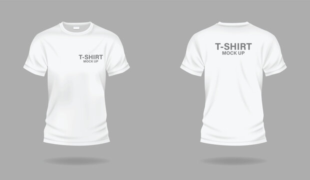 White t-shirts with copy space realistic vector illustration set. Casual apparel with print mockup template 3d objects on grey background