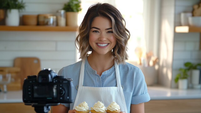 Smiling Woman Filming Baking Tutorial in a Cozy Kitchen