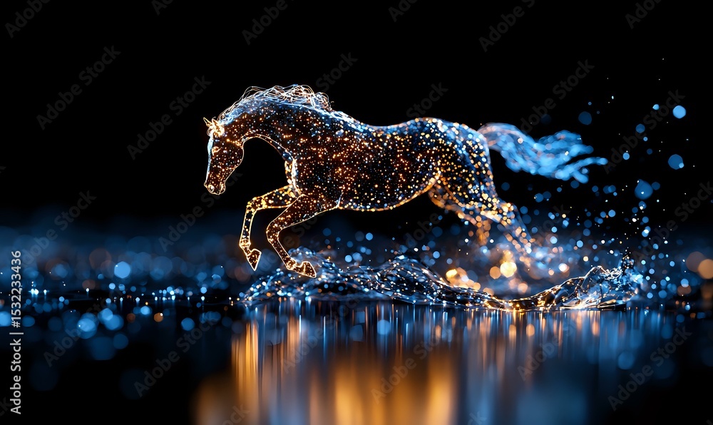 Poster magical water horse galloping through splashing droplets with glowing particles and reflections on d