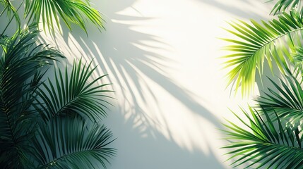 Minimalist white wall with palm leaf shadows background, abstract light texture design for product display, e-commerce visuals, digital media or web banners in natural flat style